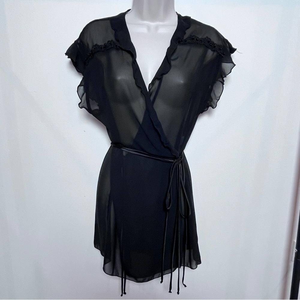 Linea Donatella Vintage Beaded Sheer Wrap Slip Chemise Robe Ruffle Old Money